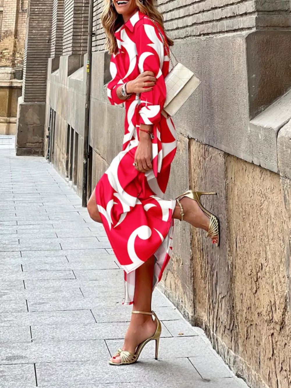 Printed Collared Neck Shirt Dress, image 4