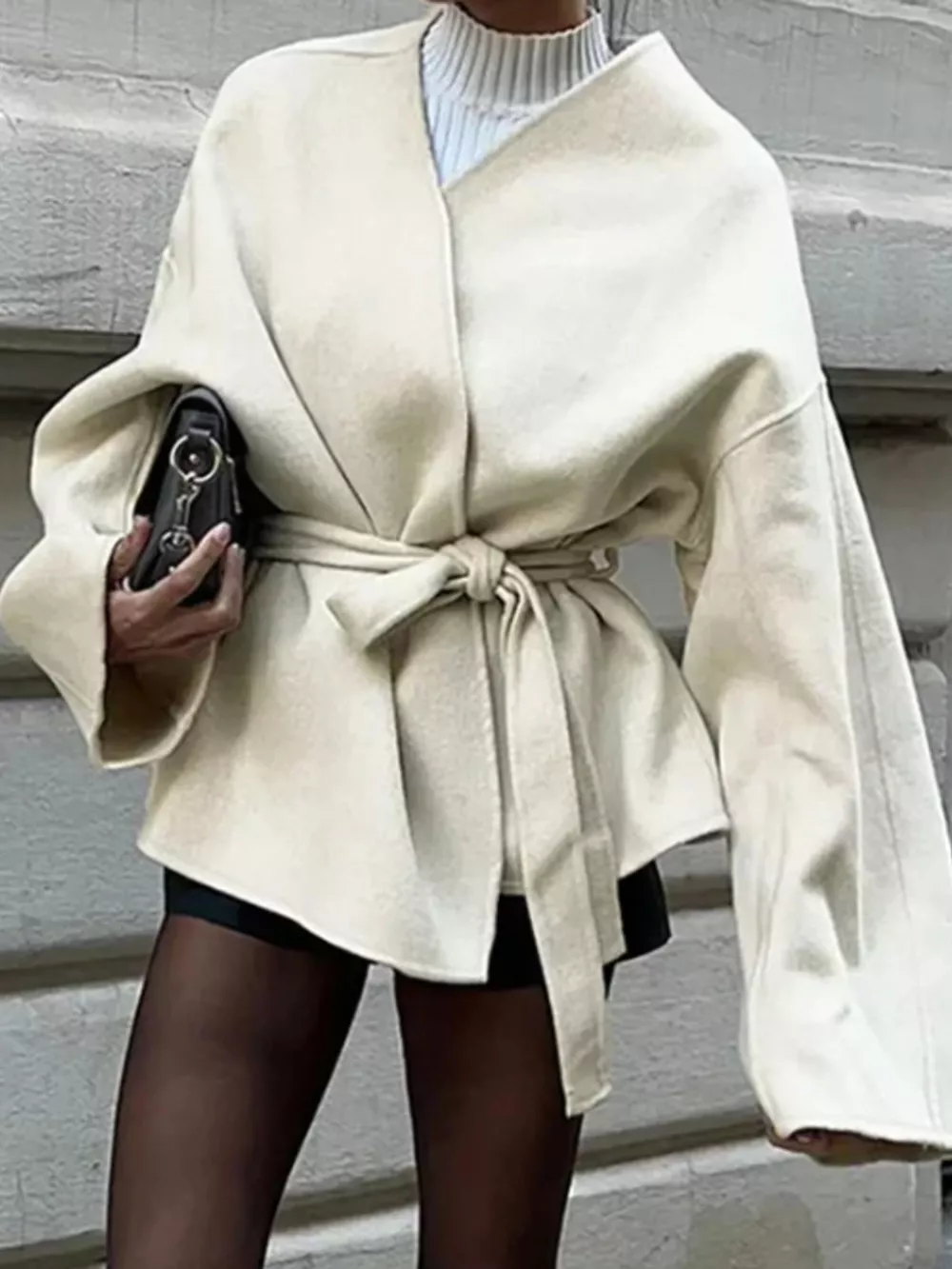 Surplice Tie Waist Dropped Shoulder Outerwear, image 2