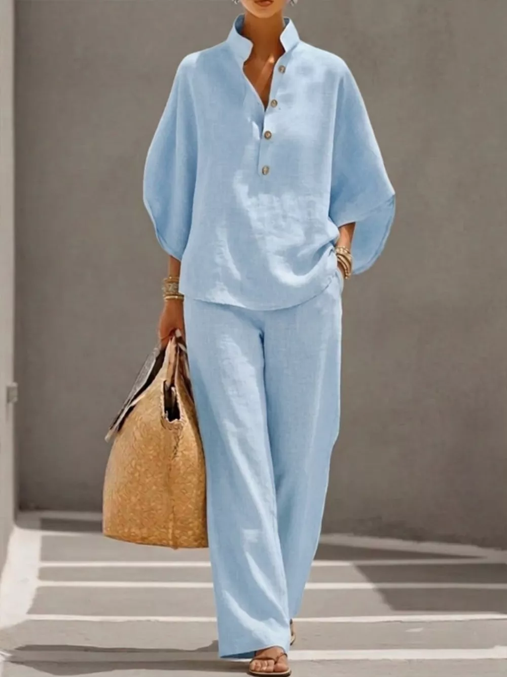 Full Size Button Detail 3/4 Sleeve Top and Pants Set Plus Size, image 3