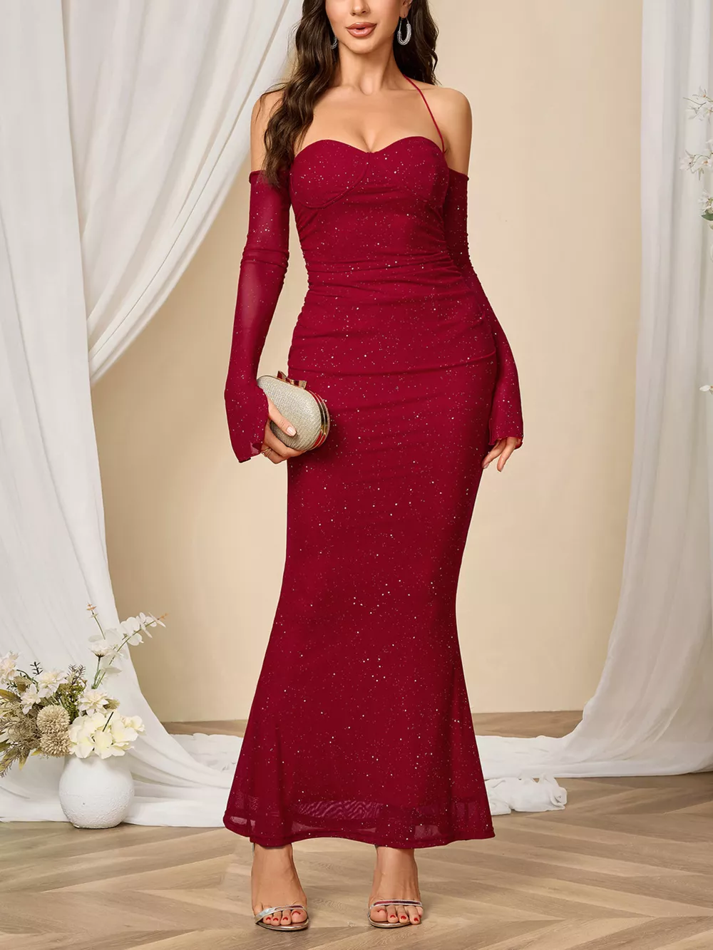 Glitter Sweetheart Neck Long Sleeve Maxi Dress