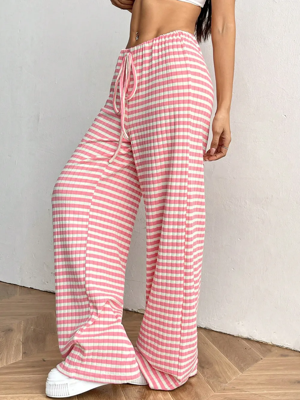 Striped Wide Leg Drawstring Pants, image 7
