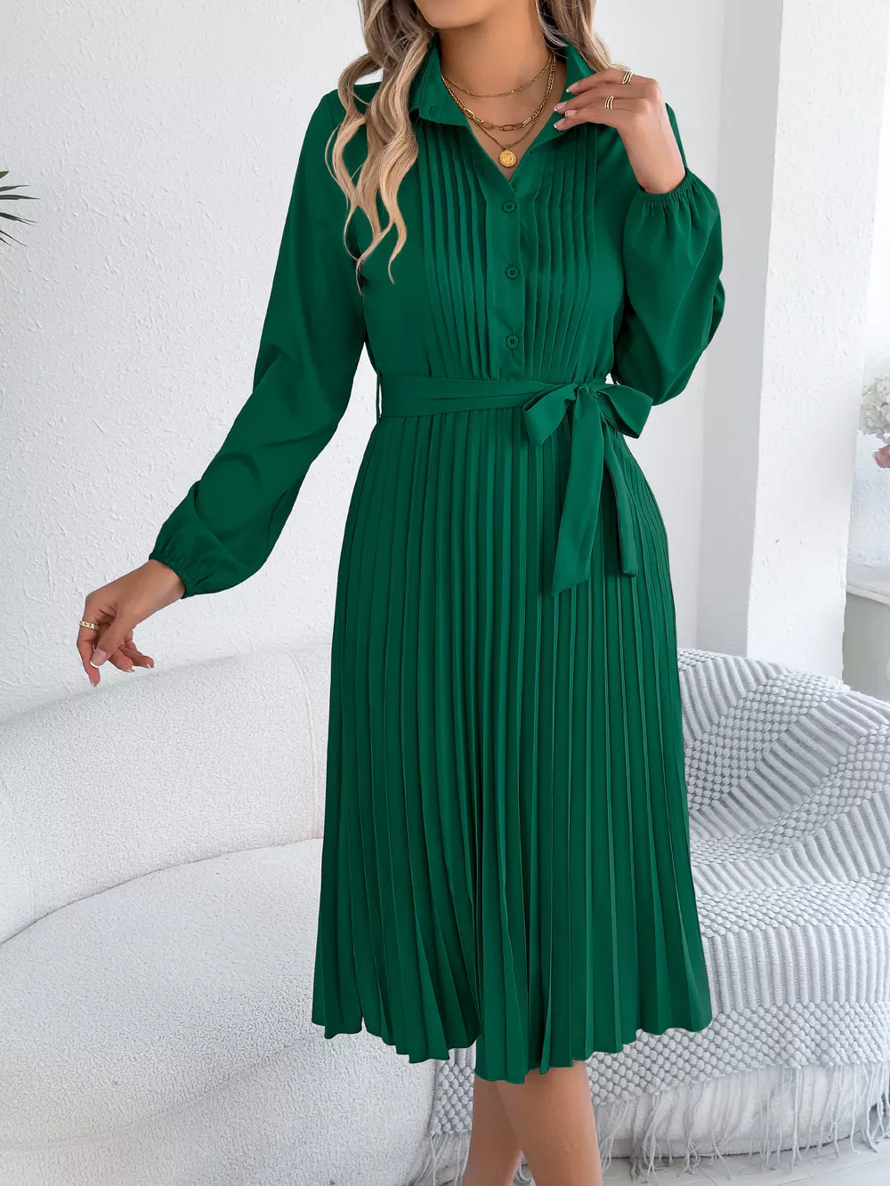 Pleated Tie Waist Balloon Sleeve Dress, image 6