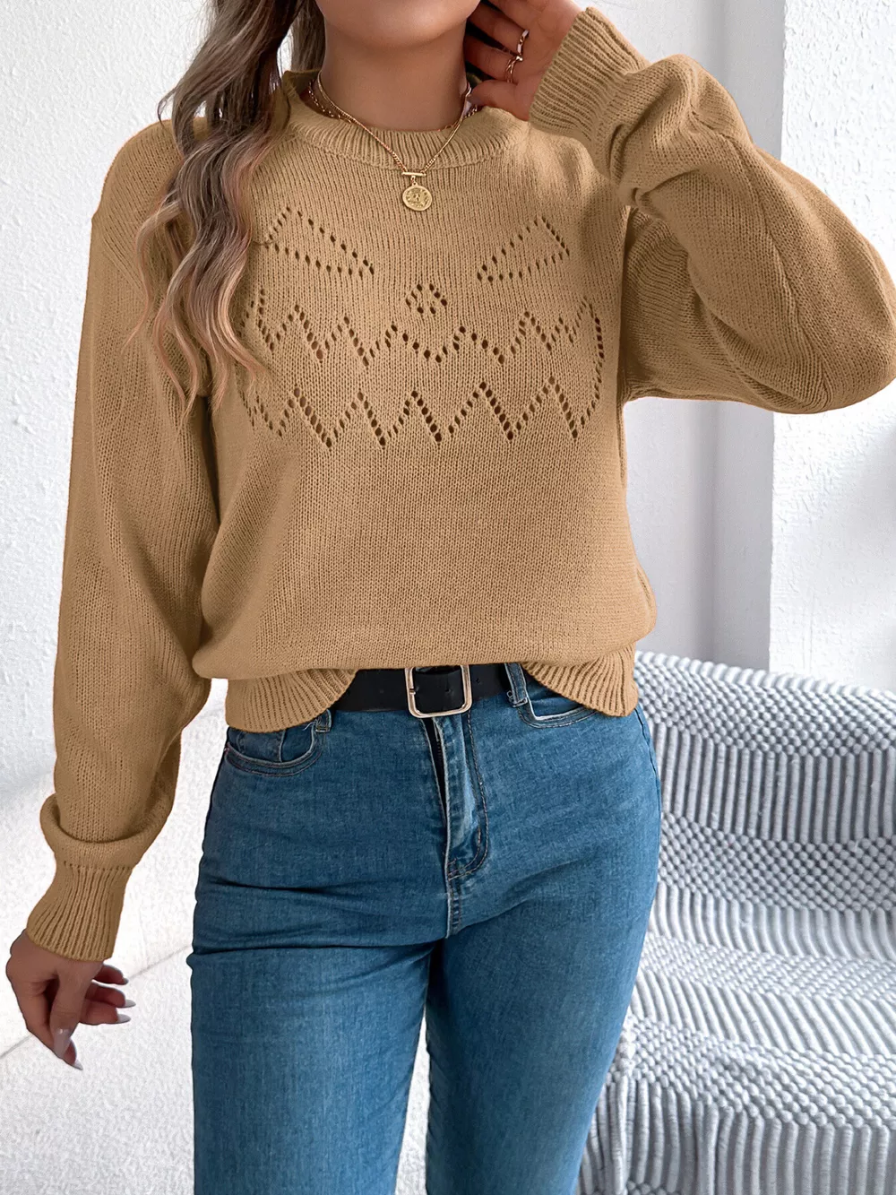 Openwork Round Neck Long Sleeve Sweater, image 5