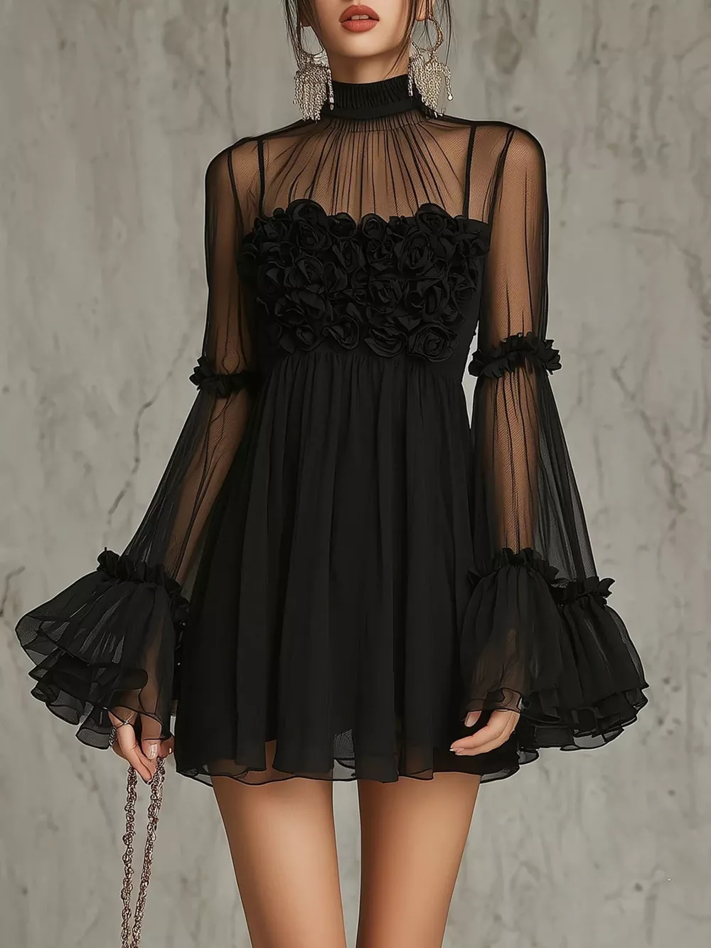 Sheer Mesh Rose Applique Mini Dress