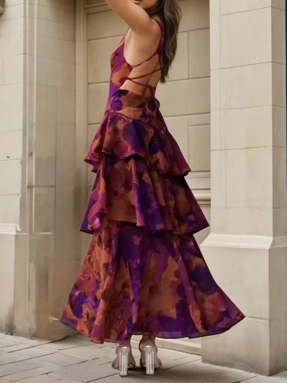 Floral V-Neck Ruffle Layered Maxi Dress, image 2