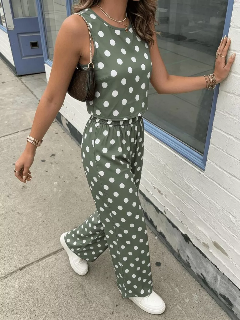 Polka Dot Sleeveless Top and Wide Leg Pants Set, image 2