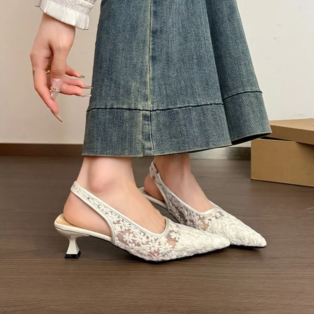 Lace Pointed-Toe Slingback Pumps
