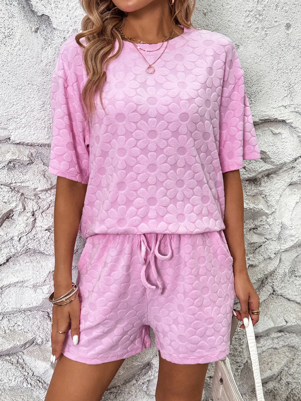 Flower Round Neck Top and Shorts Lounge Set, image 3