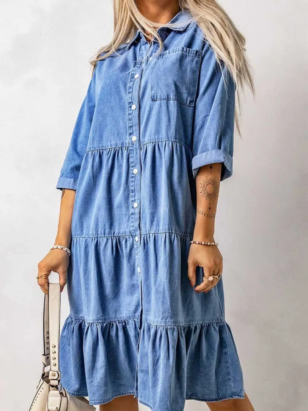 Full Size Ruffled Hem Button Up Denim Midi Dress Plus Size, image 4