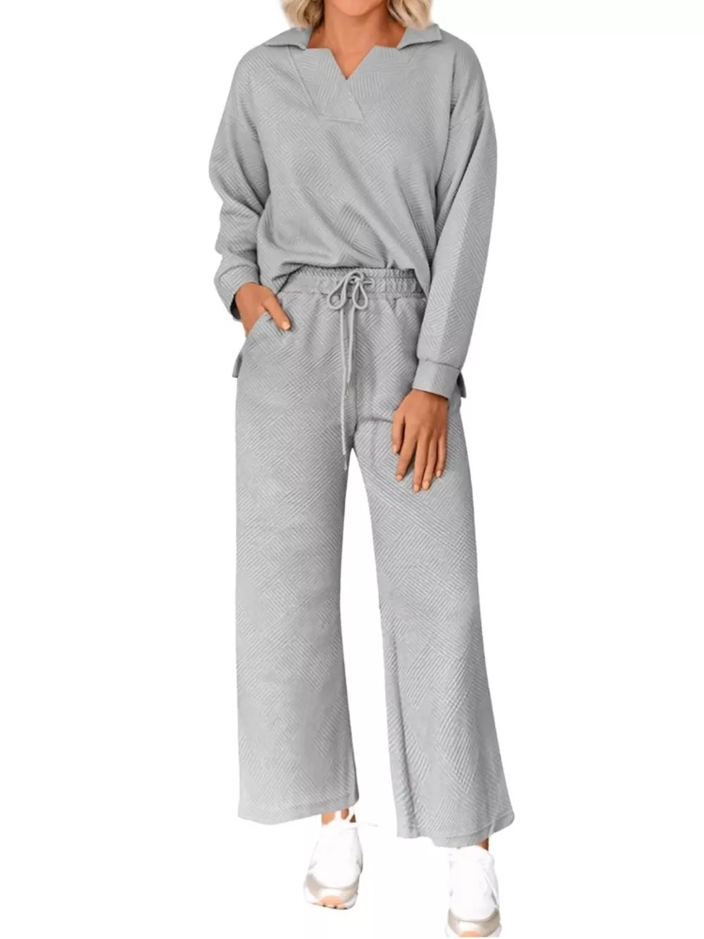 Side Slit Textured Top and Drawstring Pants Set, image 18