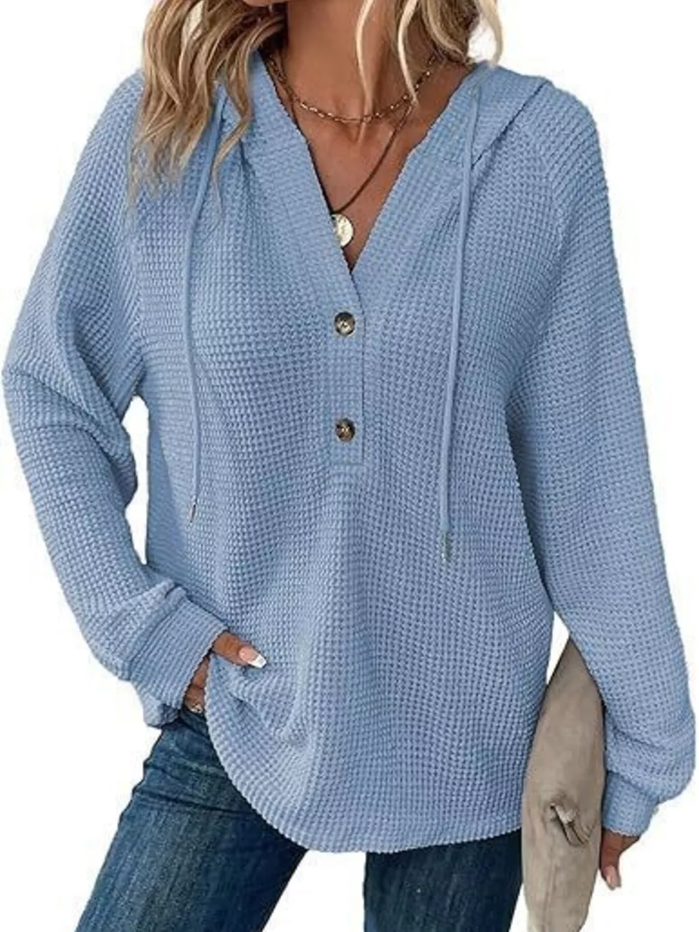 Full Size Button Detail Waffle Knit Hoodie Plus Size, image 30