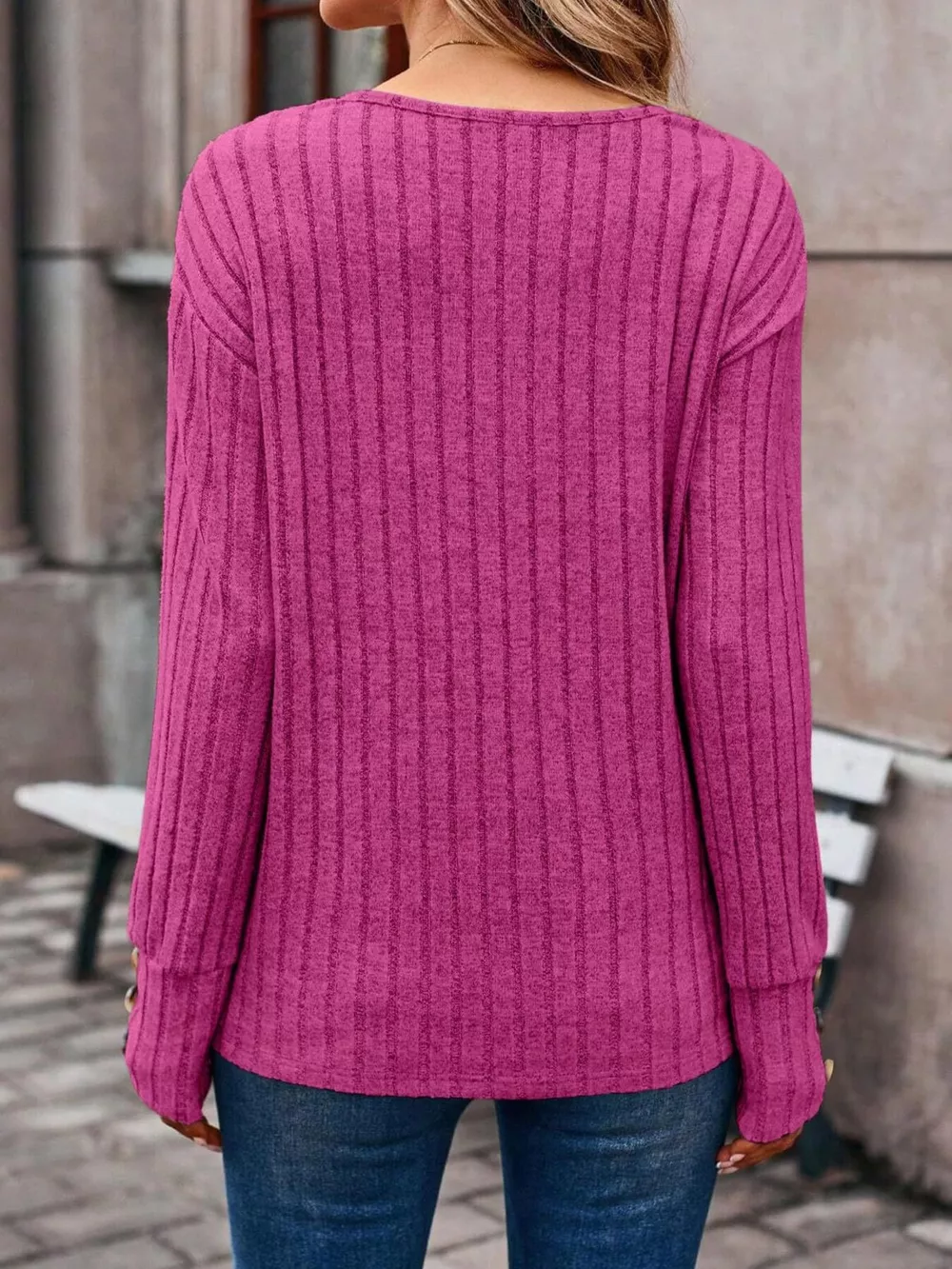 Ribbed V-Neck Long Sleeve Top, image 20