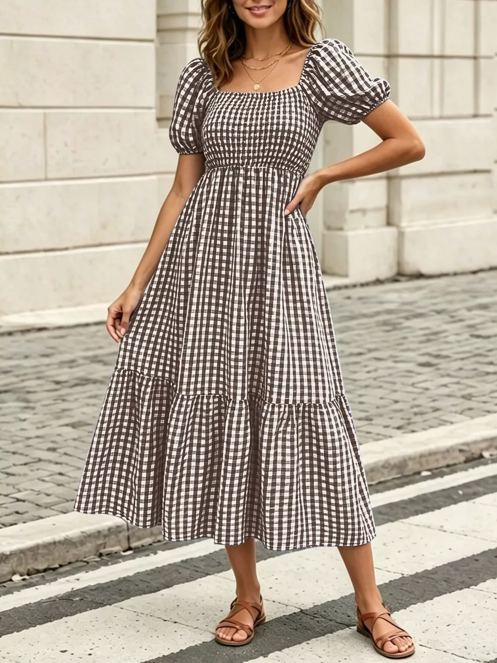 Gingham Smocked Puff Sleeve Midi Dress, image 8