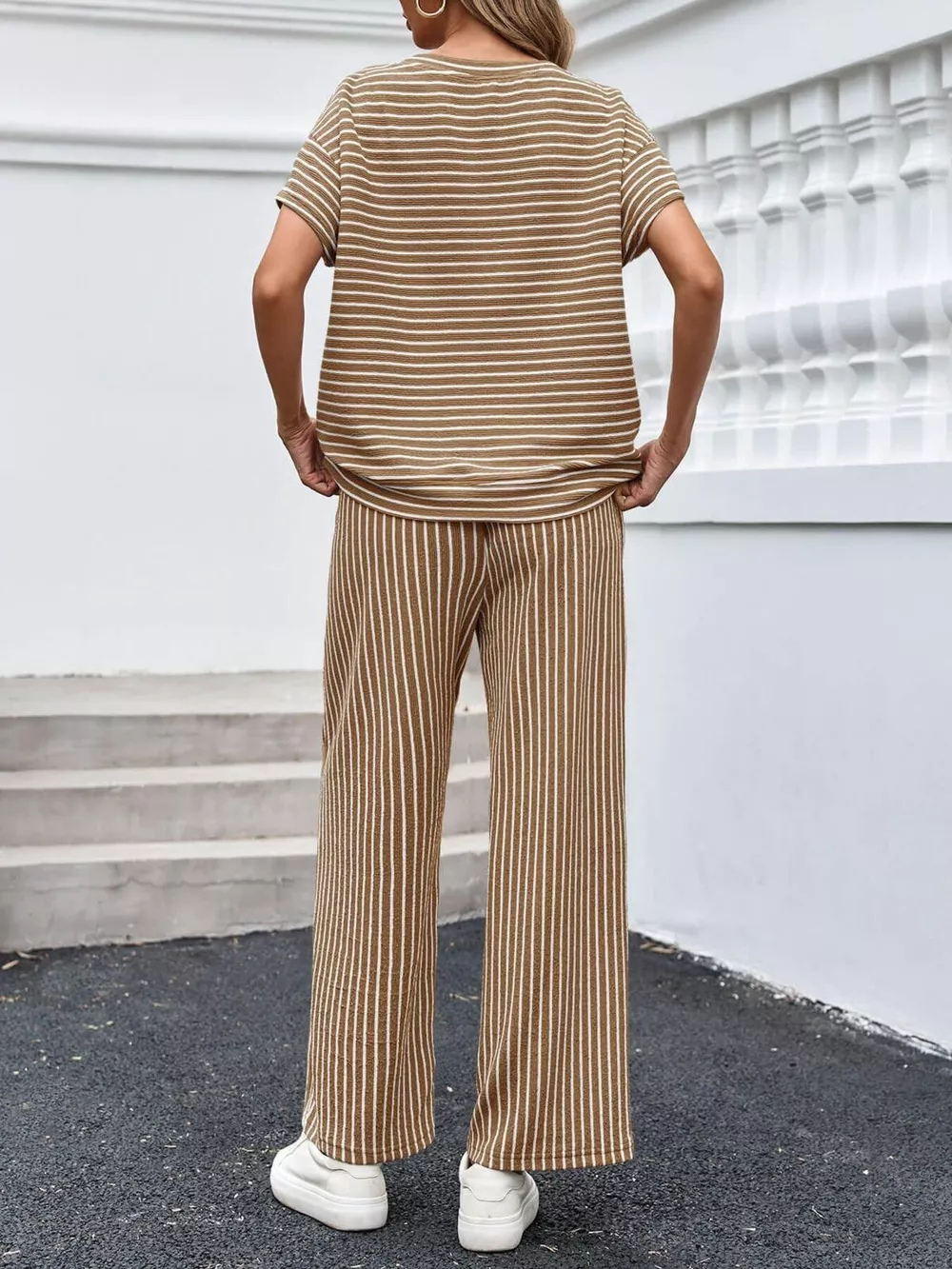 Casual Striped Short Sleeve Top and Wide Leg Pants Two-Piece Set, image 14