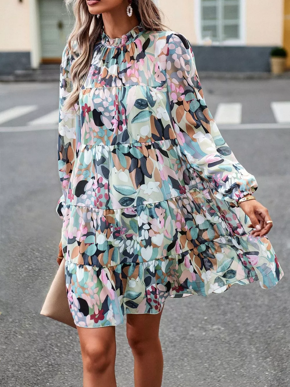 Printed Long Sleeve Mini Dress, image 3