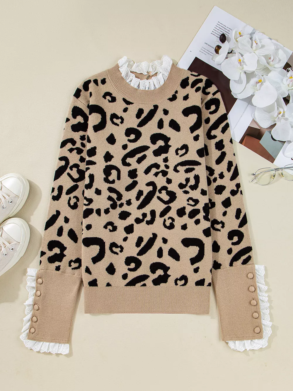 Leopard Pattern Lace Ribbed Detail Button Cuffed Sweater, image 3