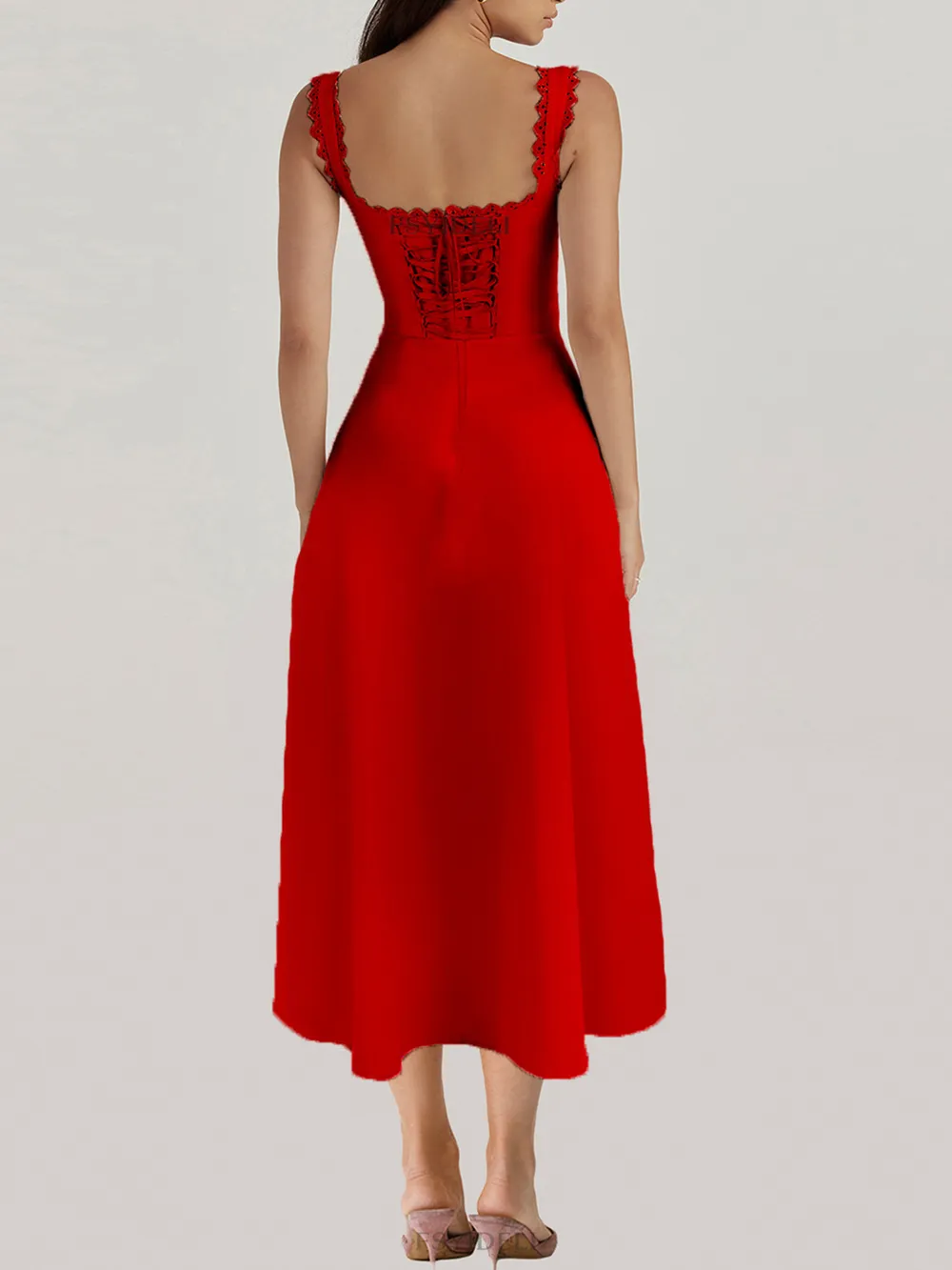Scalloped V-Neck Midi Dress with Back Lace-Up, image 4