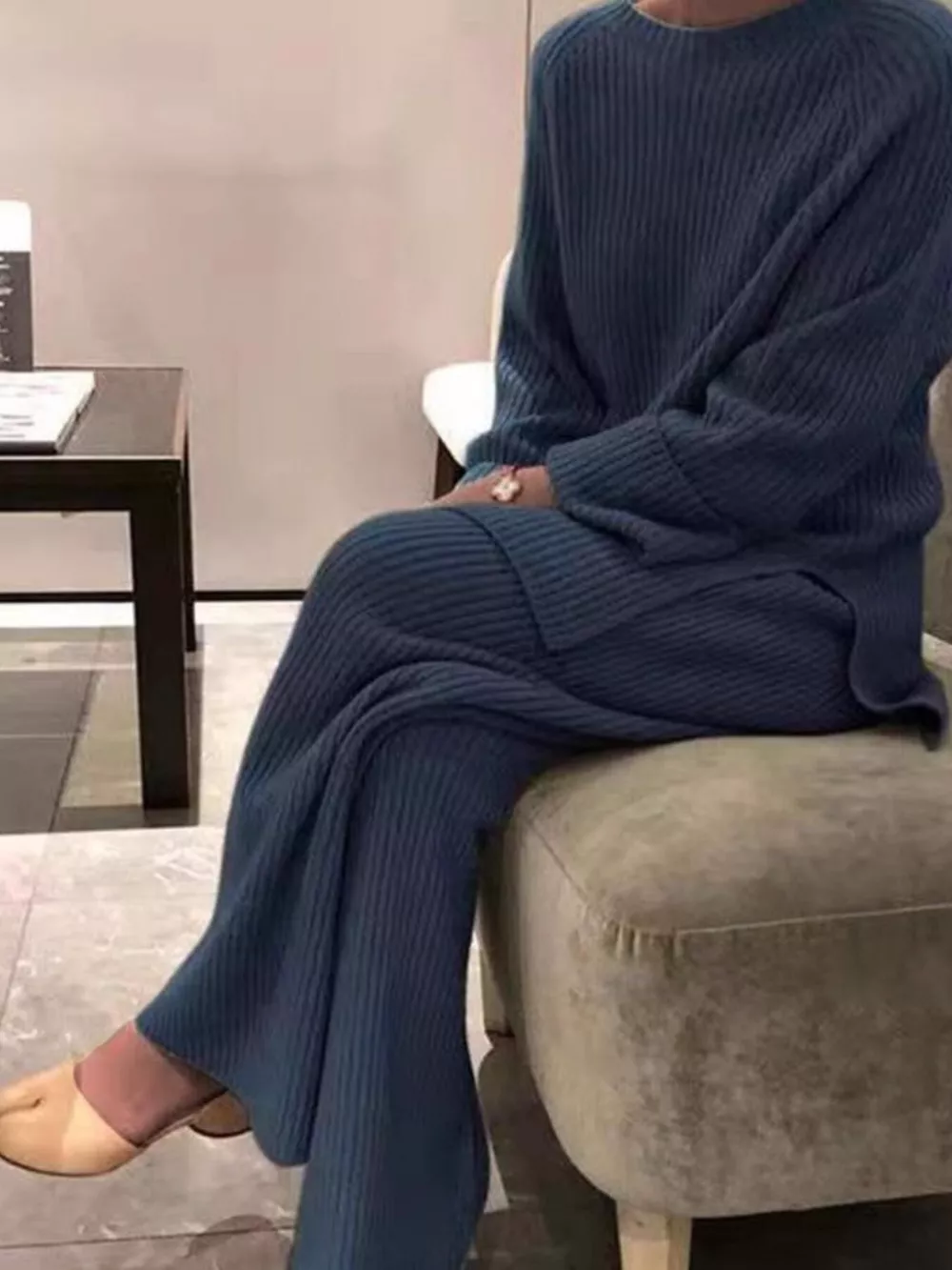 Full Size Ribbed Knit Relaxed Fit Top and Pants Sweater Set Plus Size, image 7