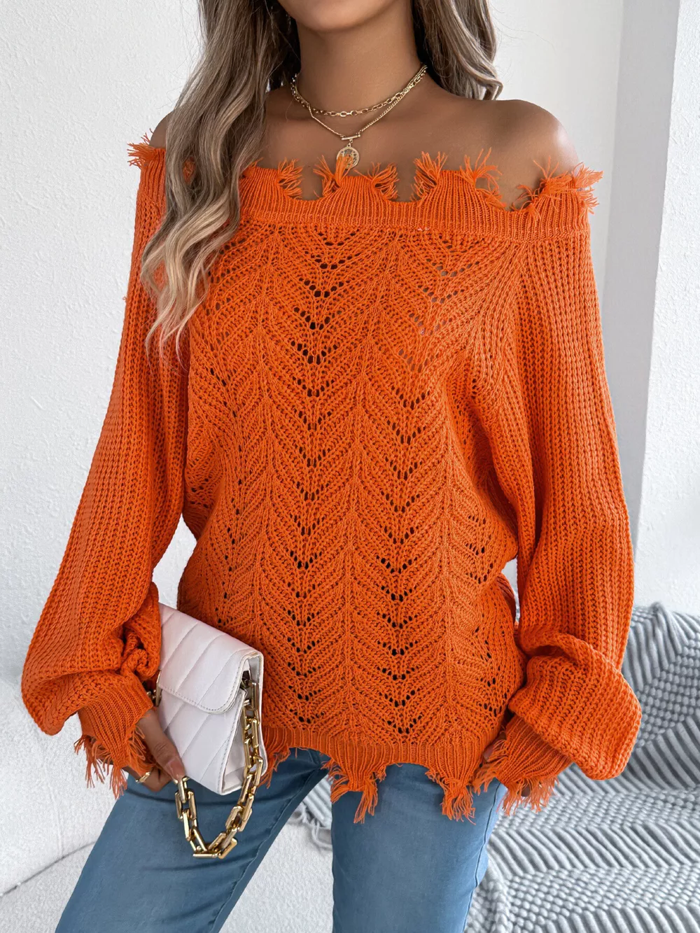 Distressed Hem Openwork Off-Shoulder Sweater, image 2
