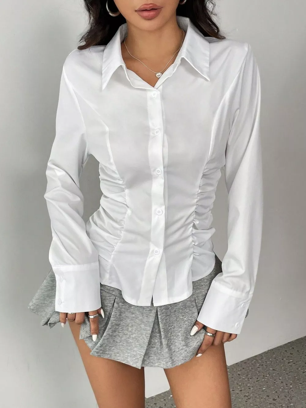 Ruched Slim-Fit Button-Down Shirt, image 2
