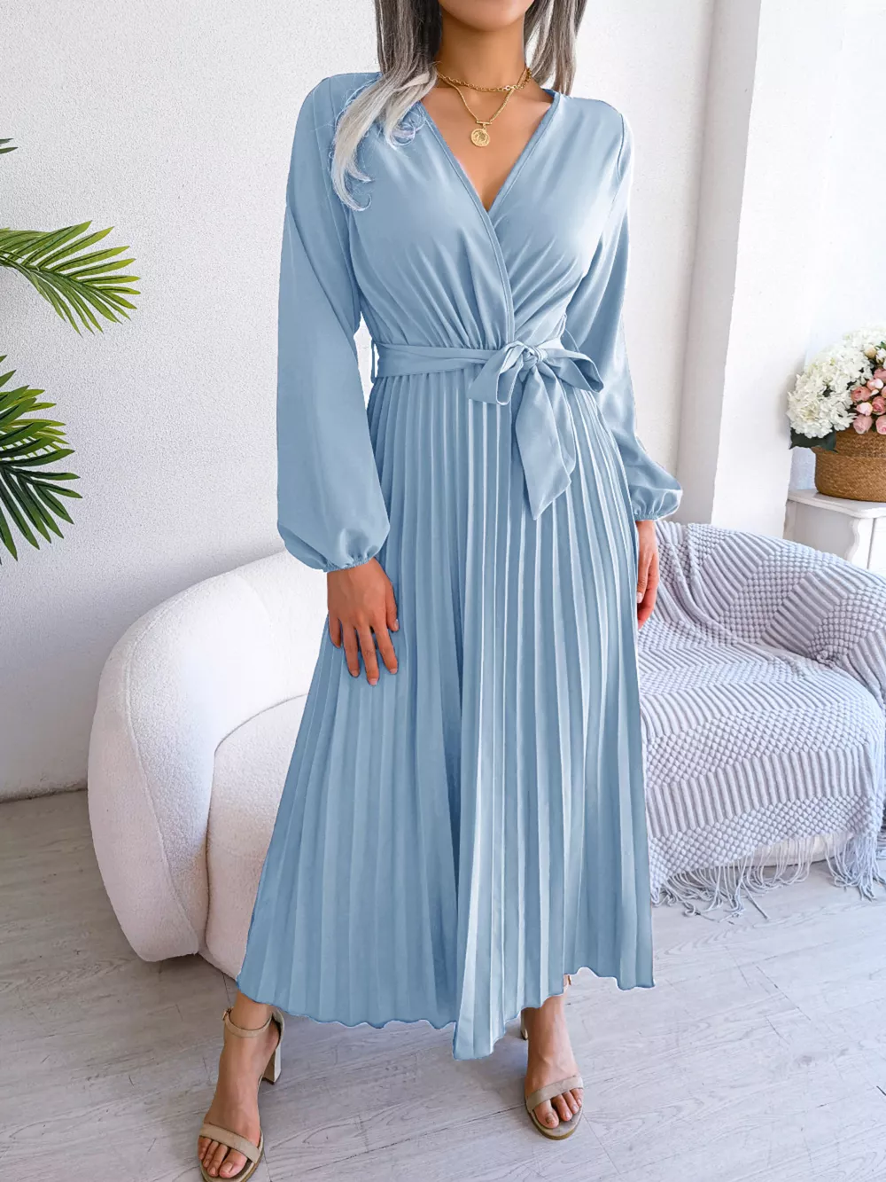 Elegant Pleated Front Tie Long Sleeve Dress, image 16