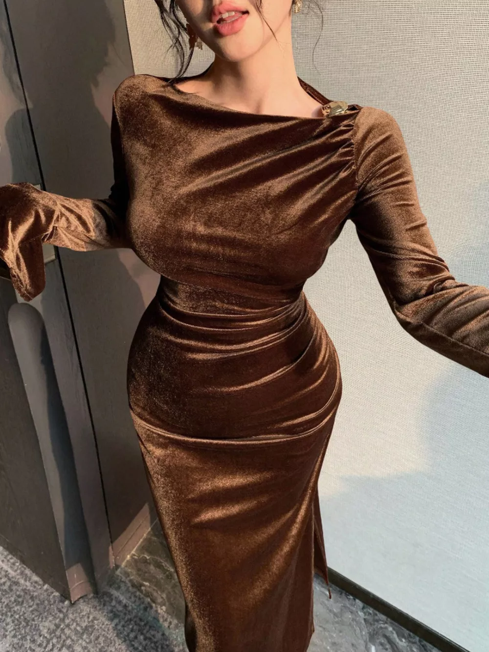 Velvet Ruched Bodycon Midi Dress, image 2