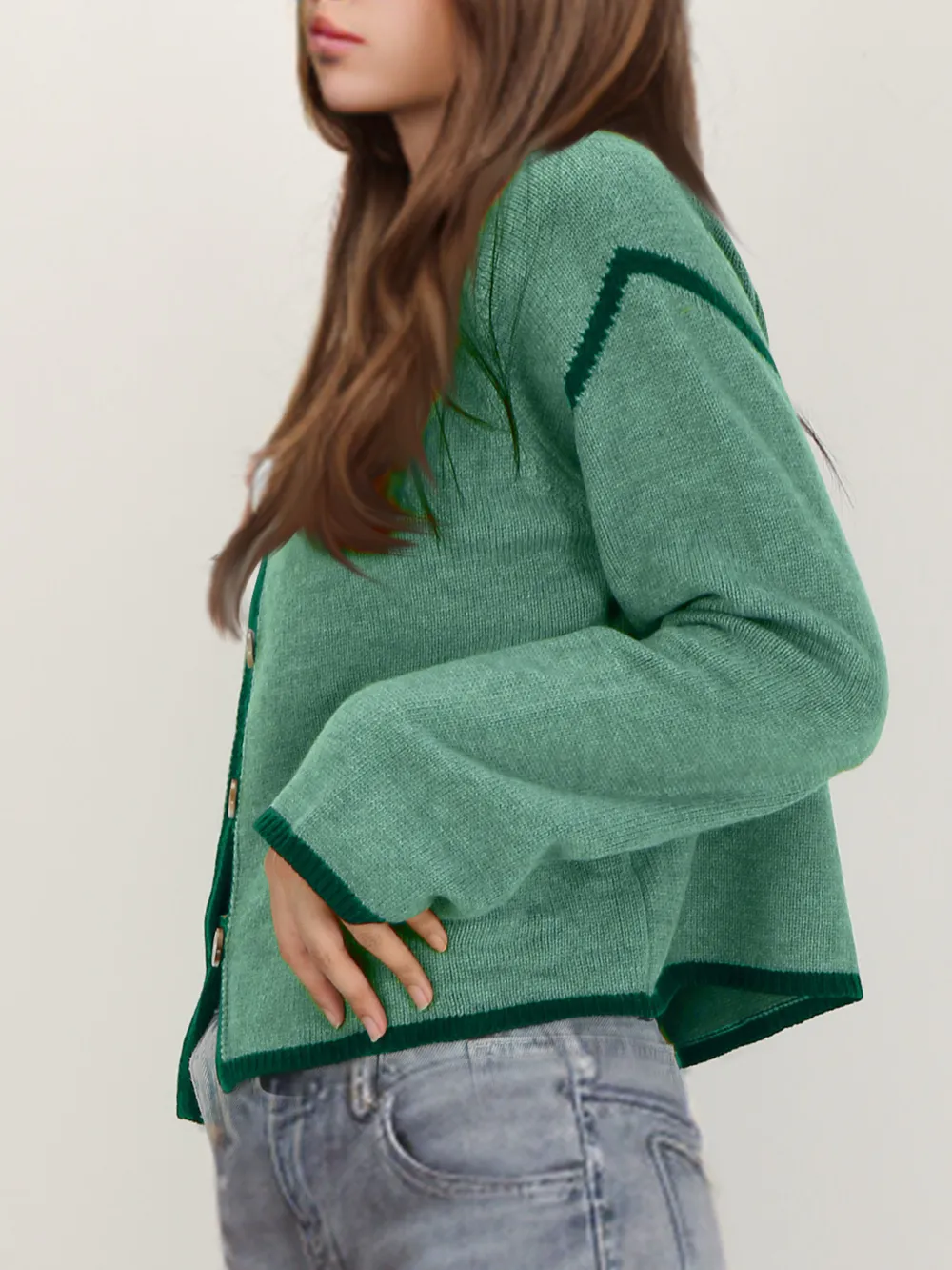 Button-Front Cardigan with Contrast Trim, image 3