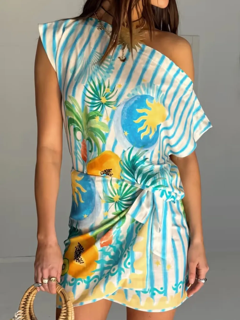 Printed Striped Single Shoulder Top and Skirt Set, image 2