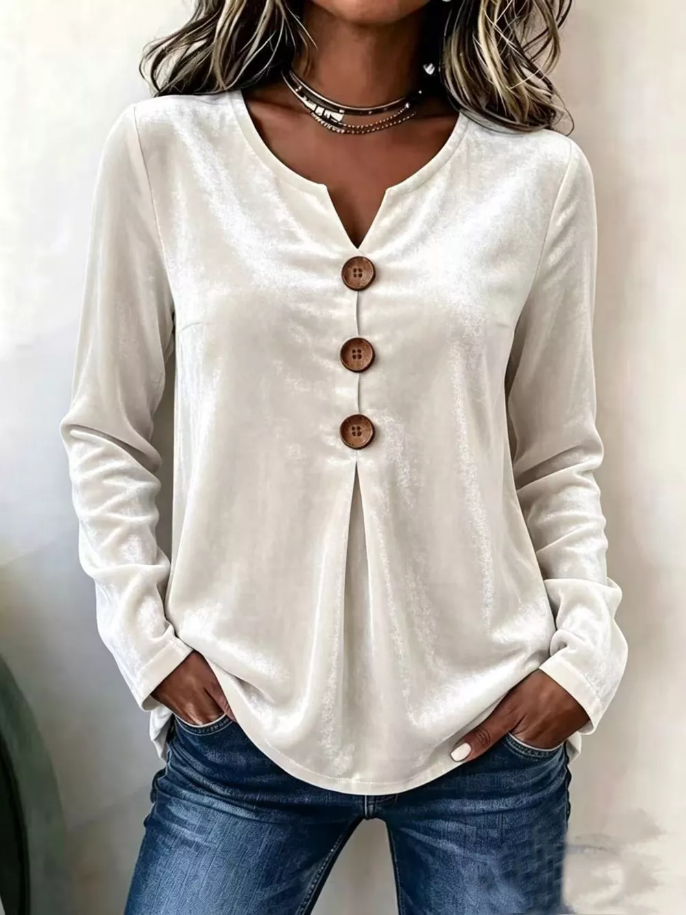 Elegant Velvet V-Neck Long Sleeve Button-Decor Blouse, image 7