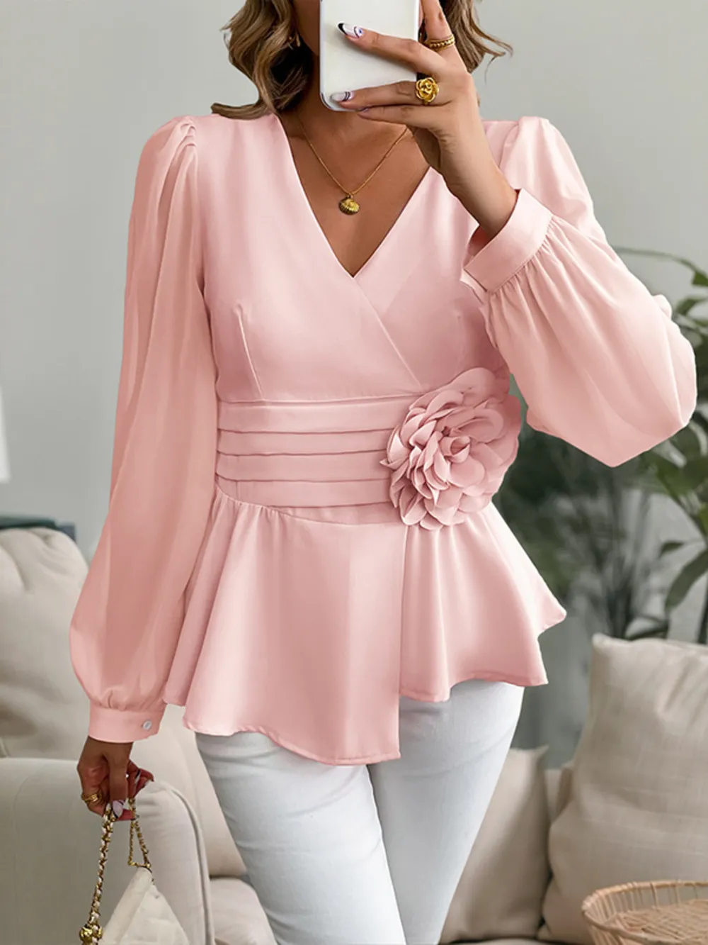 Flower Surplice Long Sleeve Blouse, image 6