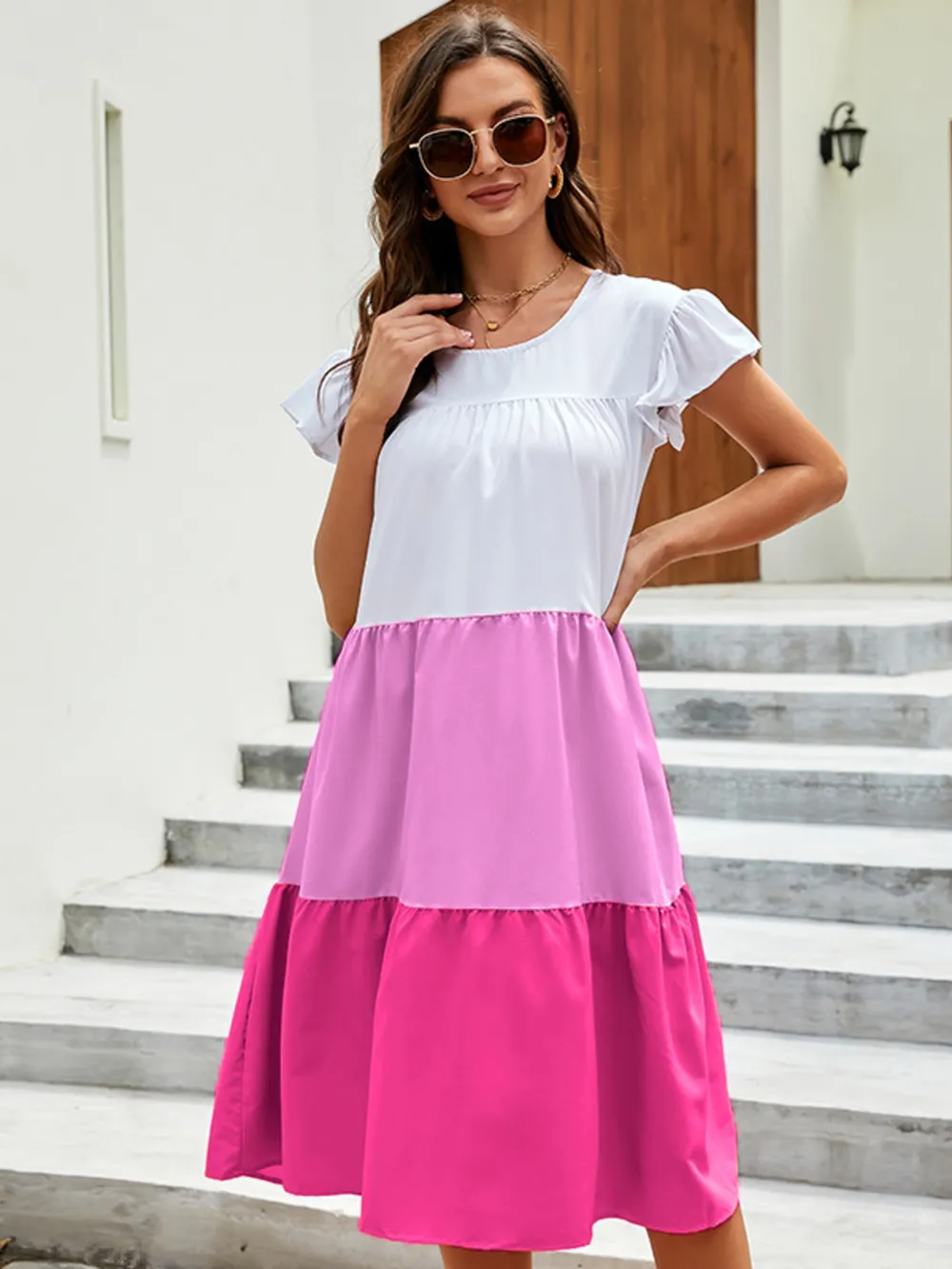 Full Size Color Block Tiered Ruffle Summer Dress Plus Size, image 2