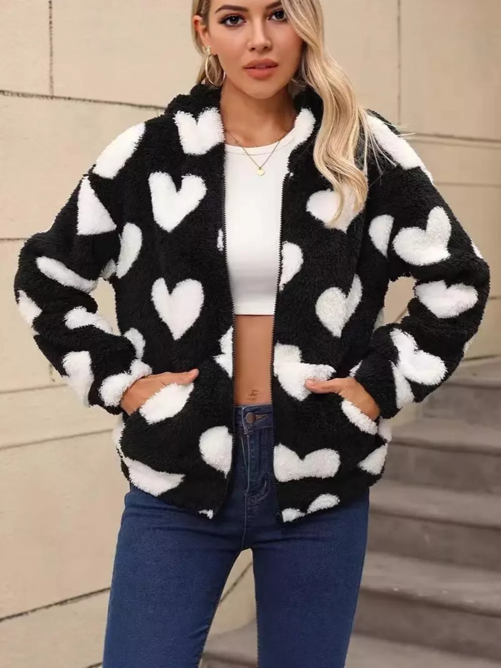 Heart Fuzzy Fleece Zip-Up Outerwear, image 4