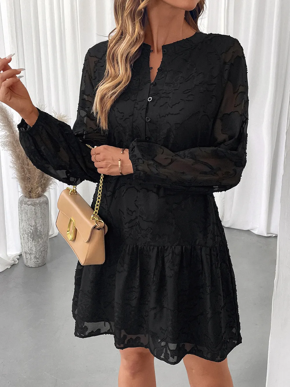 Button-Front Balloon Sleeve Mini Dress, image 5