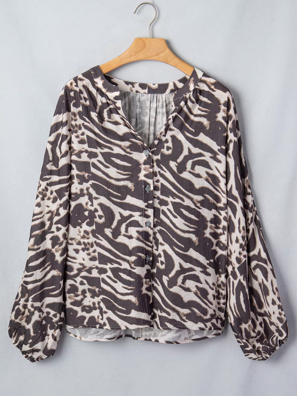 Leopard Print V Neck Button Down Balloon Sleeve Shirt, image 4