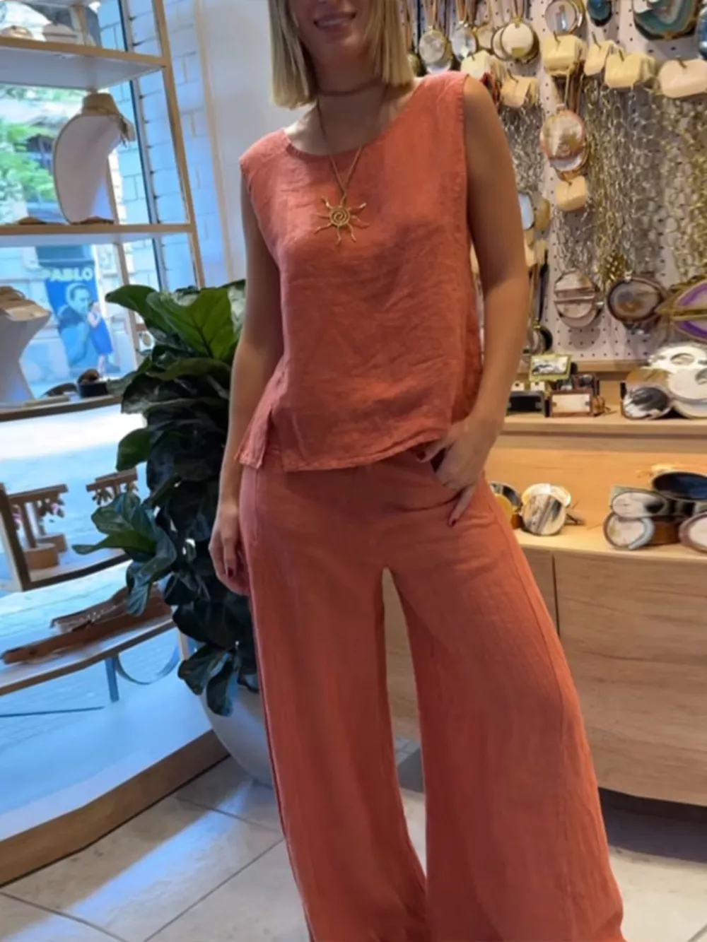 Full Size Round Neck Tank and Pants Set Plus Size, image 2