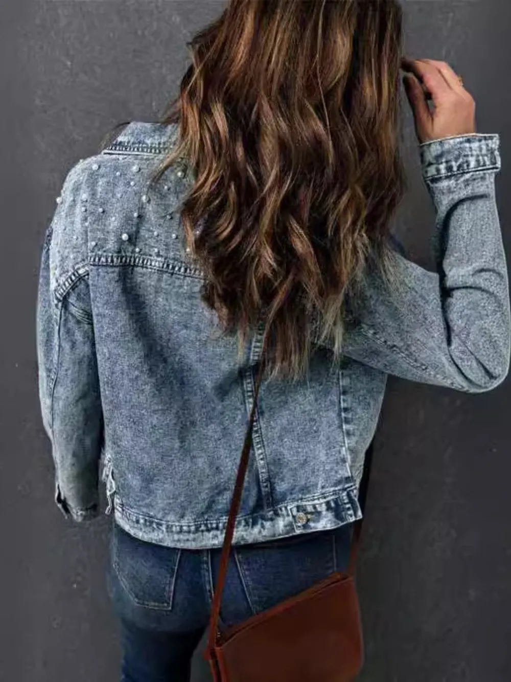 Full Size Pearl Detail Button Up Long Sleeve Denim Jacket Plus Size, image 3