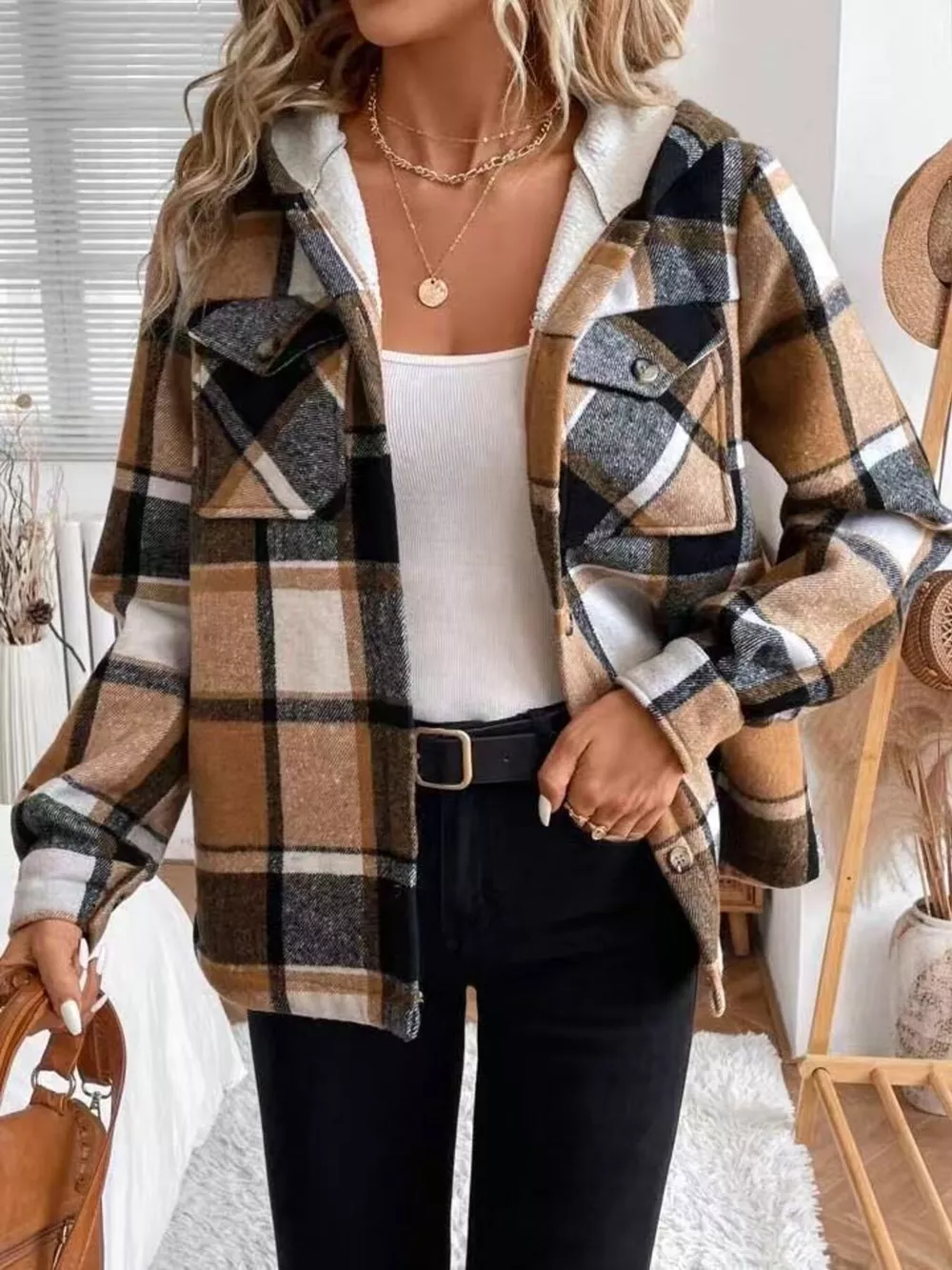 Hooded Plaid Button Up Jacket, image 4