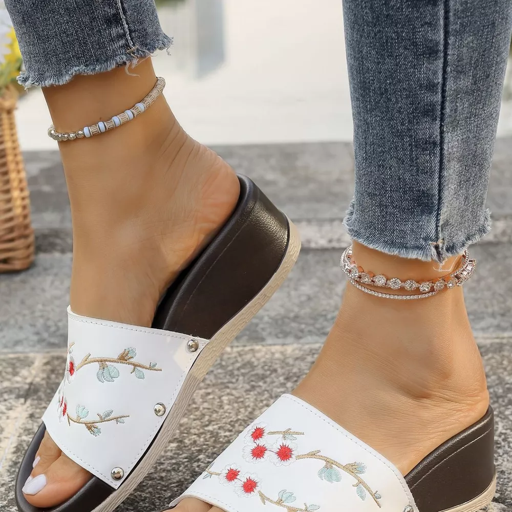 Floral Embroidered Wedge Sandals, image 9