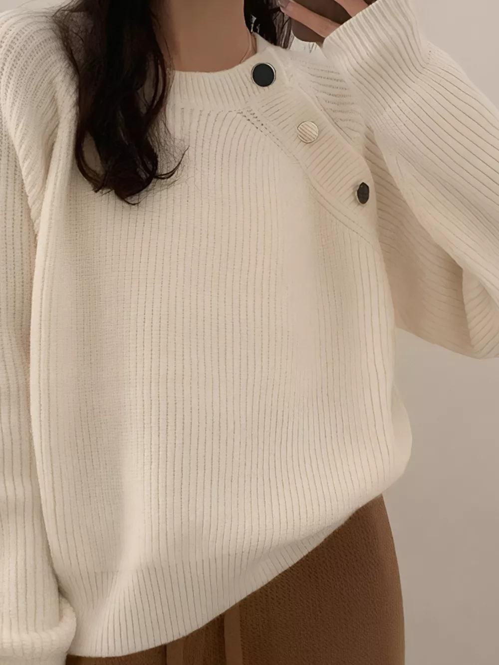 Button-Decorated Round Neck Sweater, image 3