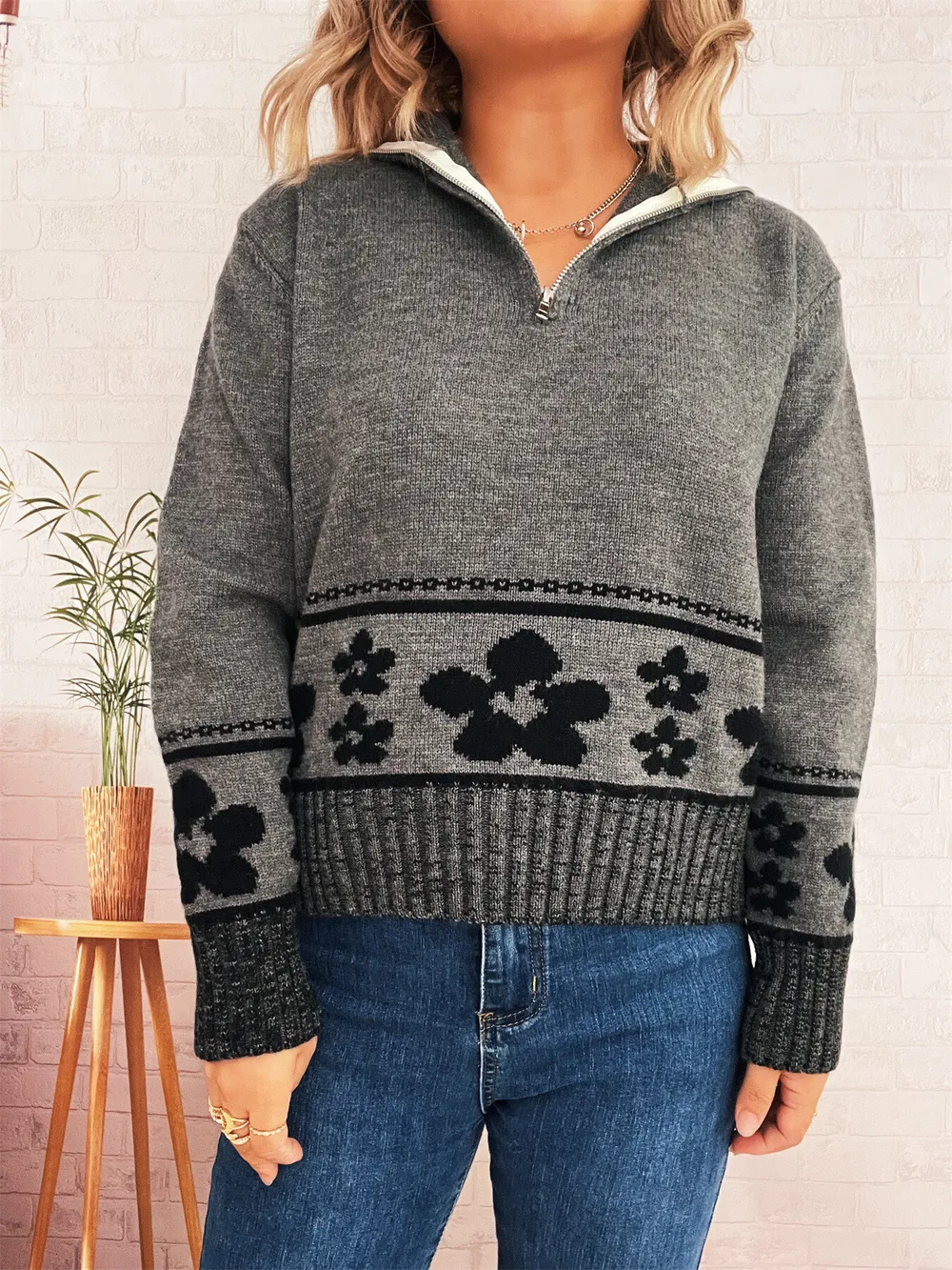 Flower Zip Collar Long Sleeve Sweater, image 14