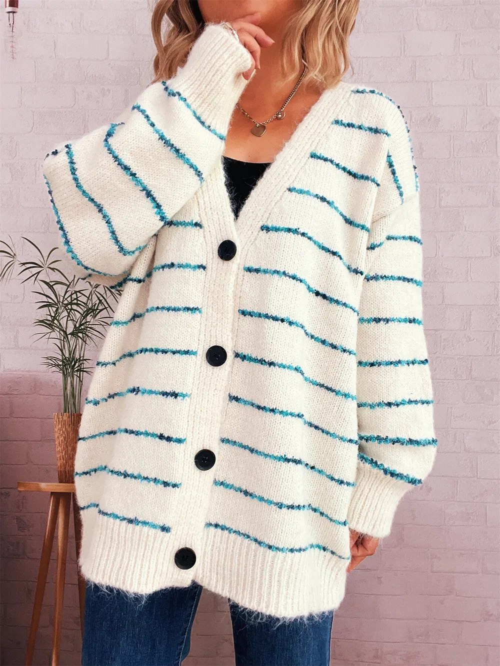 Striped Button-Up Cardigan with V-Neck Design, image 4