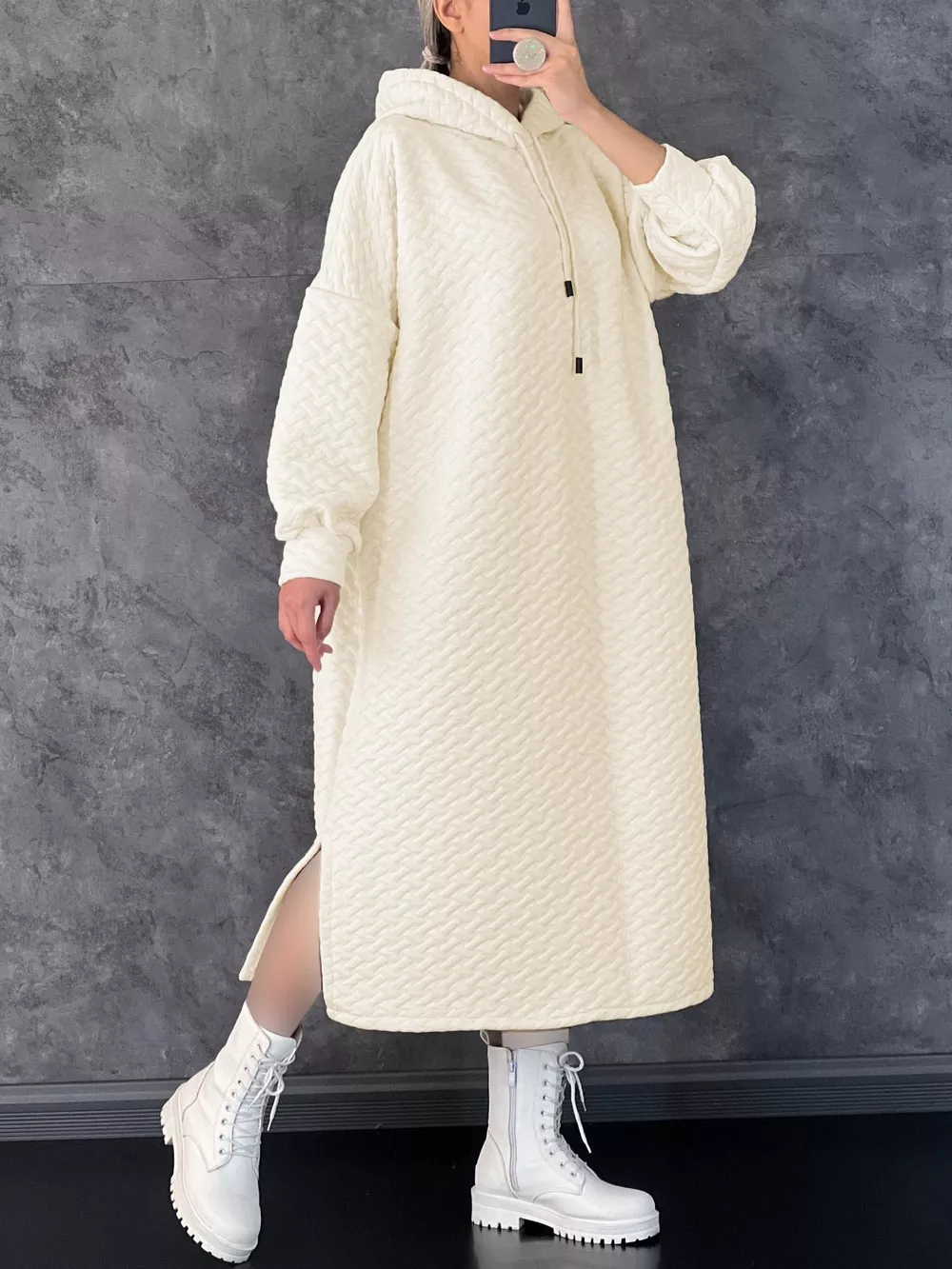 Textured Knit Hoodie Dress with Side Slit