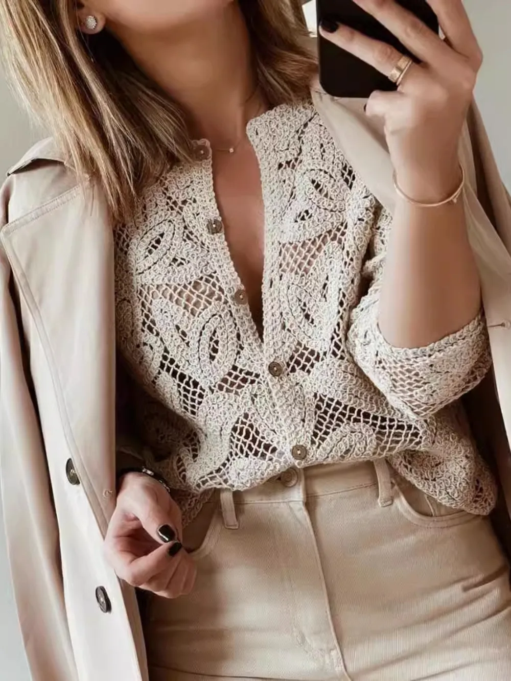 Lace Button-Up Long Sleeve Shirt, image 3