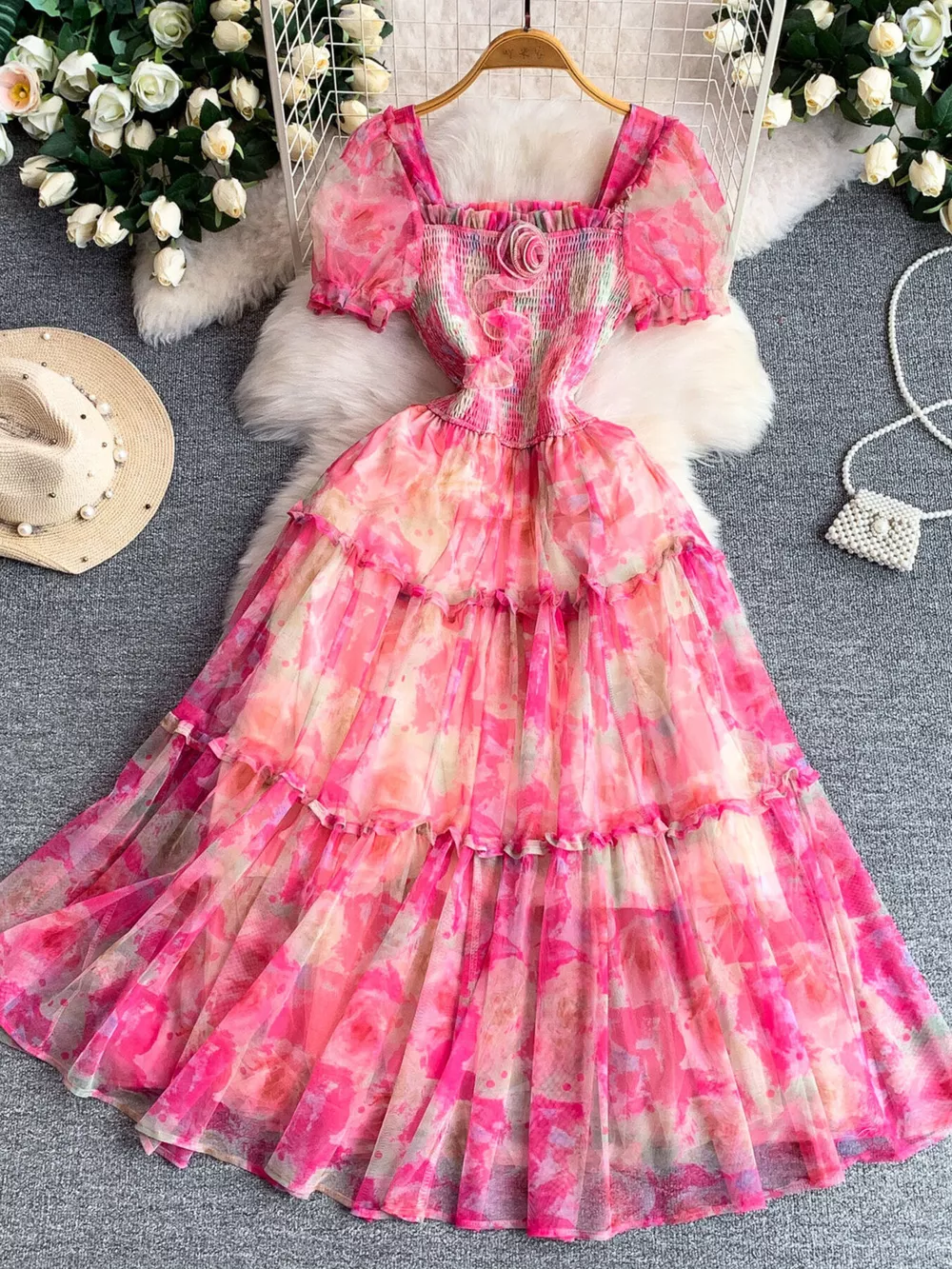 Smocked Floral Tiered Mesh Midi Dress, image 6
