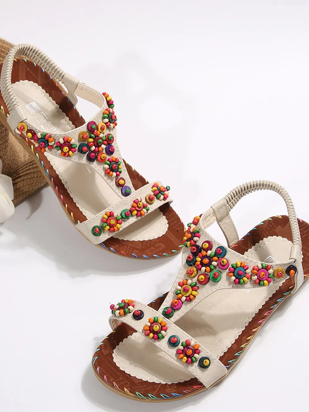 Beaded T-Strap Flat Sandals, image 6