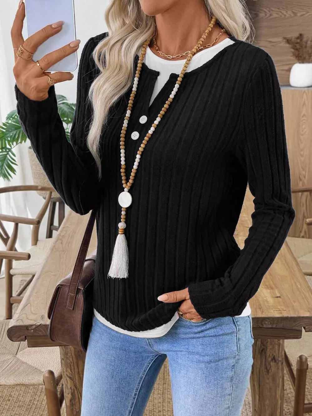 Ribbed Knit Button Detail Contrast Sweater, image 18