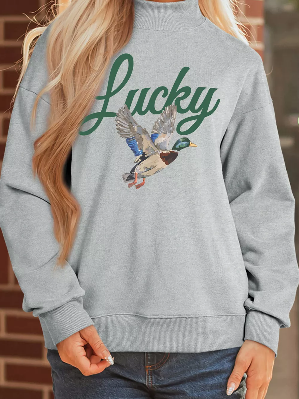 Lucky Mallard Print Mock Neck Casual Pullover Sweatshirt, image 2