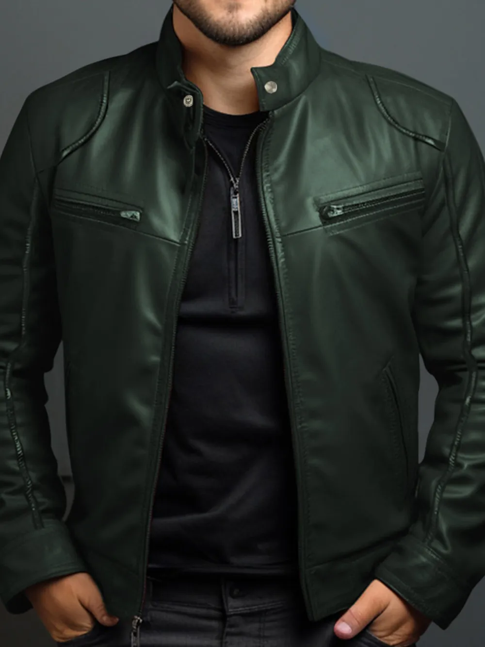Men's Full Size Leather Motorcycle Jacket with Zipper Front Plus Size, image 5