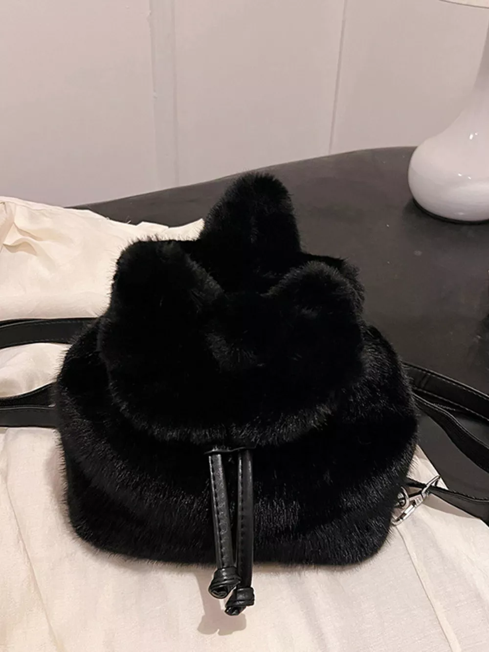 Fuzzy Plush Drawstring Backpack Bag, image 2