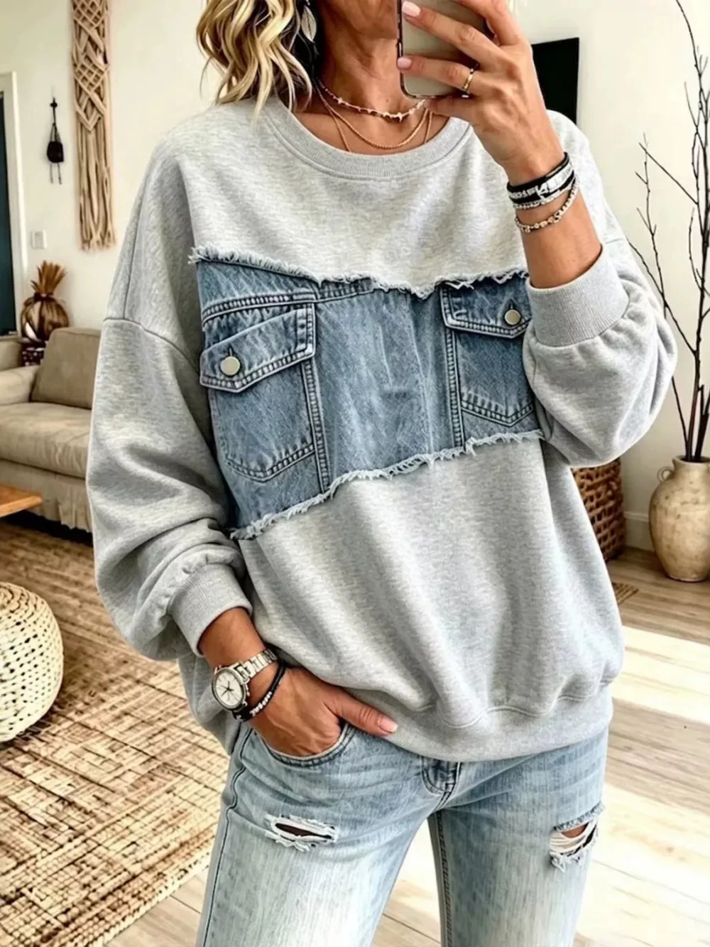 Full Size Denim Patchwork Dropped Shoulder Sweatshirt Plus Size, image 2